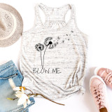 Blow Me Dandelion Sublimation Transfer, a white tank top with a dandelion design and the words 'BLOW ME' printed on it.