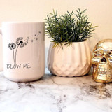 Blow Me Dandelion Sublimation Transfer, decorative mug with dandelion design and text, blank white ceramic mug for sublimation printing.