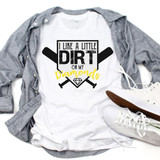 I Like Dirt On My Diamonds Softball Sublimation Transfer T-shirt, casual apparel featuring a softball design with text and a diamond graphic.