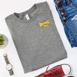 Softball Mom Metallic Red Stitches HAT/POCKET Screen Print Heat Transfer, gray T-shirt with a baseball-related graphic design