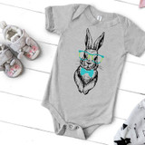 Easter Bunny With Glasses BOY INFANT Screen Print Heat Transfer, a gray infant onesie featuring a stylish illustrated bunny wearing glasses and a bowtie, perfect for Easter celebrations and adorable baby outfits.