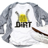Girls Like To Play In The Dirt Softball Sublimation Transfer, white T-shirt with a graphic design featuring baseball stitching and yellow paint splatter, casual shoes and a gray shirt laid out flat