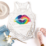 Tie Dye lips Sublimation Transfer, colorful lips design on a white tank top with casual accessories including a sun hat, jeans, pink sneakers, and a flower branch.