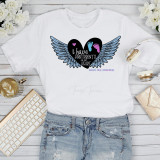 Infant loss pink and blue ribbon I have footprints on my heart sublimation transfer, white T-shirt with angel wings and footprints graphic for infant loss awareness.