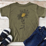 Let It Be Daisy YOUTH Screen Print Heat Transfer, green T-shirt with a daisy flower and the words "Just Be" printed on it.
