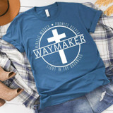 Waymaker Miracle Worker Promise Keeper Screen Print Transfer, blue T-shirt with religious cross and text design.
