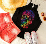 Tie Dye Floral Skull Screen Print Heat Transfer, a black tank top with a vibrant, colorful skull design made of floral patterns.