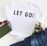 Let Go(d) Sublimation Transfer, white T-shirt with black and outlined text design.