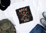 Rock N Roll Sublimation Transfer, a white T-shirt with a black and red rock music graphic design featuring guitars and electric elements.