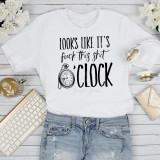 Looks like it's fuck this shit O'clock sublimation transfer, humorous white T-shirt with bold and cursive text and a pocket watch graphic, perfect for casual wear and making a statement.