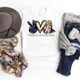 Peace Love Nirvana Music fan art glitter heart Sublimation Transfer, T-shirt with a Peace sign, heart, and an illustrated woman wearing sunglasses, featuring trendy and artistic graphic design