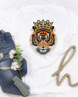 Tiger with Crown 2 Sublimation Transfer, white t-shirt featuring a detailed illustration of a tiger's face wearing a golden crown.