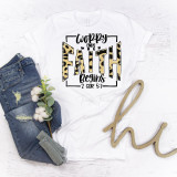 Worry Ends Where Faith Begins Leopard Verse Word Art Religious Sublimation Transfer T-Shirt, white t-shirt with bold leopard print words and script typography