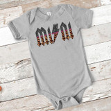 MINI ACDC Leopard Glitter INFANT Screen Print Heat Transfer, a grey infant onesie with a glittery, animal print, pastel-colored rock band logo design.