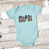MINI ACDC Leopard Glitter INFANT Screen Print Heat Transfer, baby bodysuit with colorful leopard and glitter design.