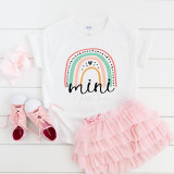 Mini Pastel Rainbow Sublimation Transfer, colorful rainbow design with pastel colors on white fabric.