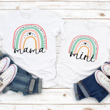 Mini pastel rainbow Sublimation Transfer, small colorful rainbow designs on white t-shirts with 'mama' and 'mini' written underneath, perfect for children or mother-child matching outfits.