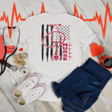 Nurse Flag Sublimation Transfer, medical-themed transfer design on a white T-shirt featuring nursing symbols and an American flag motif.