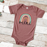 Mini Rainbow INFANT Screen Print Heat Transfer, baby onesie with a colorful rainbow and the word 'mini' printed on it.