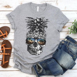 Pineapple Skull With Sunglasses FINAL STOCK Screen Print Heat Transfer T-Shirt, featuring a skull with a pineapple top wearing sunglasses reflecting sunset and palm trees.