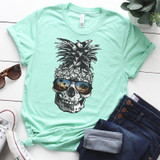 Pineapple Skull With Sunglasses FINAL STOCK Screen Print Heat Transfer, graphic t-shirt with skull and pineapple design featuring sunglasses with sunset reflection