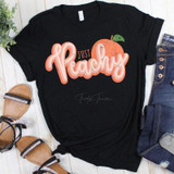 Just Peachy ADULT Screen Print Heat Transfer, black T-shirt with peach graphic and 'Just Peachy' text design.