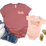 Just Peachy INFANT Screen Print Heat Transfer, pink infants' t-shirt and matching onesie with peach and script text design.