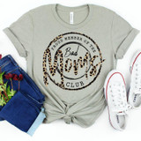 Bad Moms Club Screen Print Heat Transfer, casual t-shirt with a leopard print design and text, denim jeans, red flowers, and white sneakers around it.