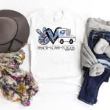 Peace Love Postal Workers USPS Sublimation Transfer, a graphic t-shirt design featuring postal-themed elements including a peace sign, a love symbol, a postal truck, and postal workers text.