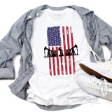 Oil Derricks US Flag Oilfield Support US Oil Sublimation Transfer T-shirt with American flag and oil drilling rig graphics.