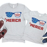 Merica Sunglasses YOUTH Screen Print Heat Transfer, matching gray T-shirts with patriotic sunglasses design and 'MERICA' text for kids and adults.