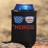 Merica Sunglasses HAT/CAN HUGGER Screen Print Heat Transfer, black fabric can hugger with patriotic sunglasses design featuring American flag pattern on the sunglasses and 'MERICA' text in bold red letters.