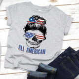 All American Skull Youth Screen Print Heat Transfer, youth grey T-shirt with skull design and American flag themed accessories.