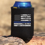 Thin Blue Line Flag HAT/POCKET/CAN HUGGER Screen Print Heat Transfer with American flag design and blue line, used as a can or bottle hugger.