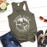 River Life Cuz Beaches Be Salty Screen Print Transfer tank top, olive green color with a scenic design of trees, a river, and a fishing boat