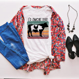 I'd Smoke That BBQ (No Pot) Sublimation Transfer T-Shirt, white T-shirt with barbecue cow silhouette and retro striped background in the image.