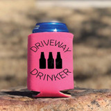 Driveway Drinker Can Hugger Screen Print Heat Transfer, pink can hugger with black silhouette of three bottles and the words Driveway Drinker around the bottles