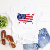 Product Floral Patriotic Flag USA Silhouette Sublimation Transfer, white T-shirt featuring a USA flag design in floral pattern.