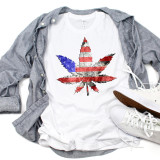 Patriotic flag leaf pot marijuana weed Sublimation Transfer, a white T-shirt featuring a distressed American flag-colored cannabis leaf design.