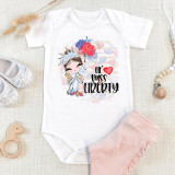 Lil' Miss Liberty fireworks Patriotic 4th of July Sublimation Transfer on a baby Onesie, featuring a cartoon girl with a crown and American flag-themed dress, with patriotic balloons in the background.