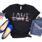 Love USA Print Heat Transfer, patriotic American-themed heat transfer design on black T-shirt for DIY patriotic apparel and fashion