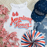 American Honey Screen Print Heat Transfer, patriotic themed clothing and accessories with red, white, and blue colors, including a t-shirt, hat, and decorative paper fan.