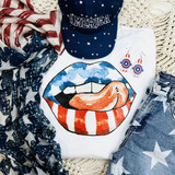 Patriotic Lips and Tongue Adult Screen Print Heat Transfer, American flag-themed design with red, white, and blue colors, featuring bold lips with tongue out, suitable for patriotic apparel.