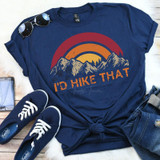 I'D Hike That Screen Print Transfer, blue t-shirt with mountain and sunset graphic design and text.