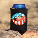 Patriotic Lips HAT/CAN HUGGER Screen Print Transfer, colorful lip graphic with American flag design and tongue sticking out on a black fabric can hugger.