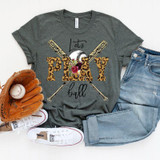 Play Ball FINAL STOCK Screen Print Heat Transfer, a graphic T-shirt featuring baseball bats, a baseball, floral accents, and leopard print text for a sports-themed design.