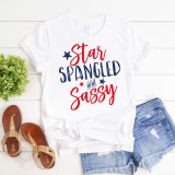 Star Spangled and Sassy Sublimation Transfer, a white T-shirt with a patriotic design featuring red and blue text and stars.