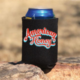 American Honey Words HAT/CAN HUGGER Screen Print Heat Transfer, black fabric can sleeve with colorful red, white, and blue design text.