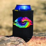 Tie Dye Lips HAT/CAN HUGGER Screen Print Heat Transfer, a colorful lip design in tie dye pattern on a black can hugger covering a soda can.
