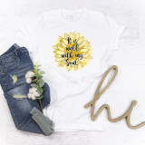 Watercolor sunflower, It is well with my soul sublimation transfer printed on a white T-shirt.